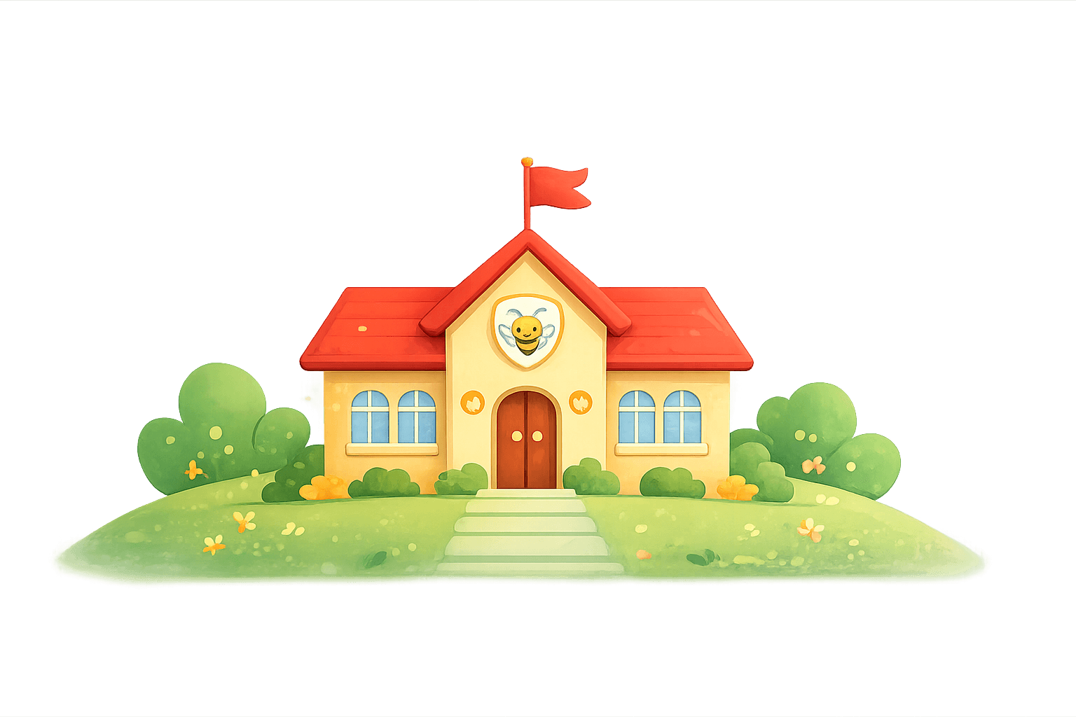 The Our HoneyBee Academy schoolhouse surrounded by happy children